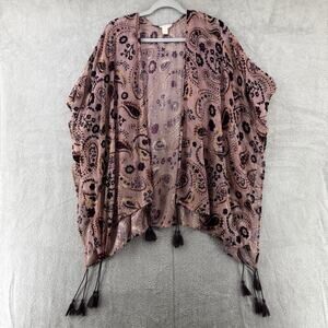 Japna Cardigan S Burn-Out Burgundy Gold Rose Paisley Floral Open Front Tassel